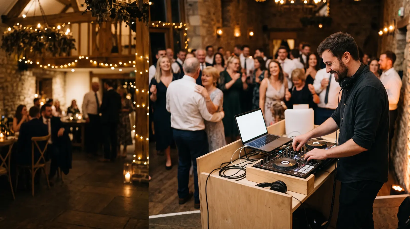 A mobile DJ behind the decks at a party, the dancefloor busy in front of the booth