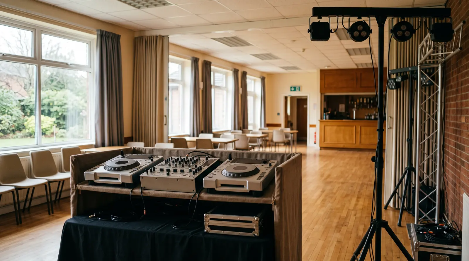 A DJ’s rig ready before the night: decks, speakers and lights set up on a stand