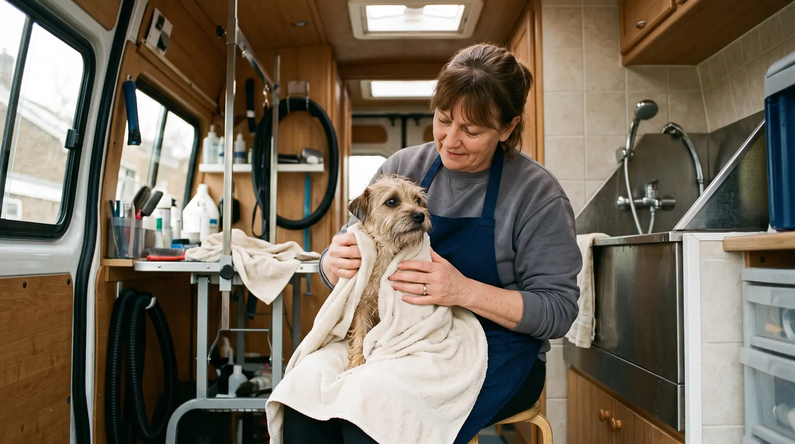 A groomer towel-drying a small terrier in a grooming van