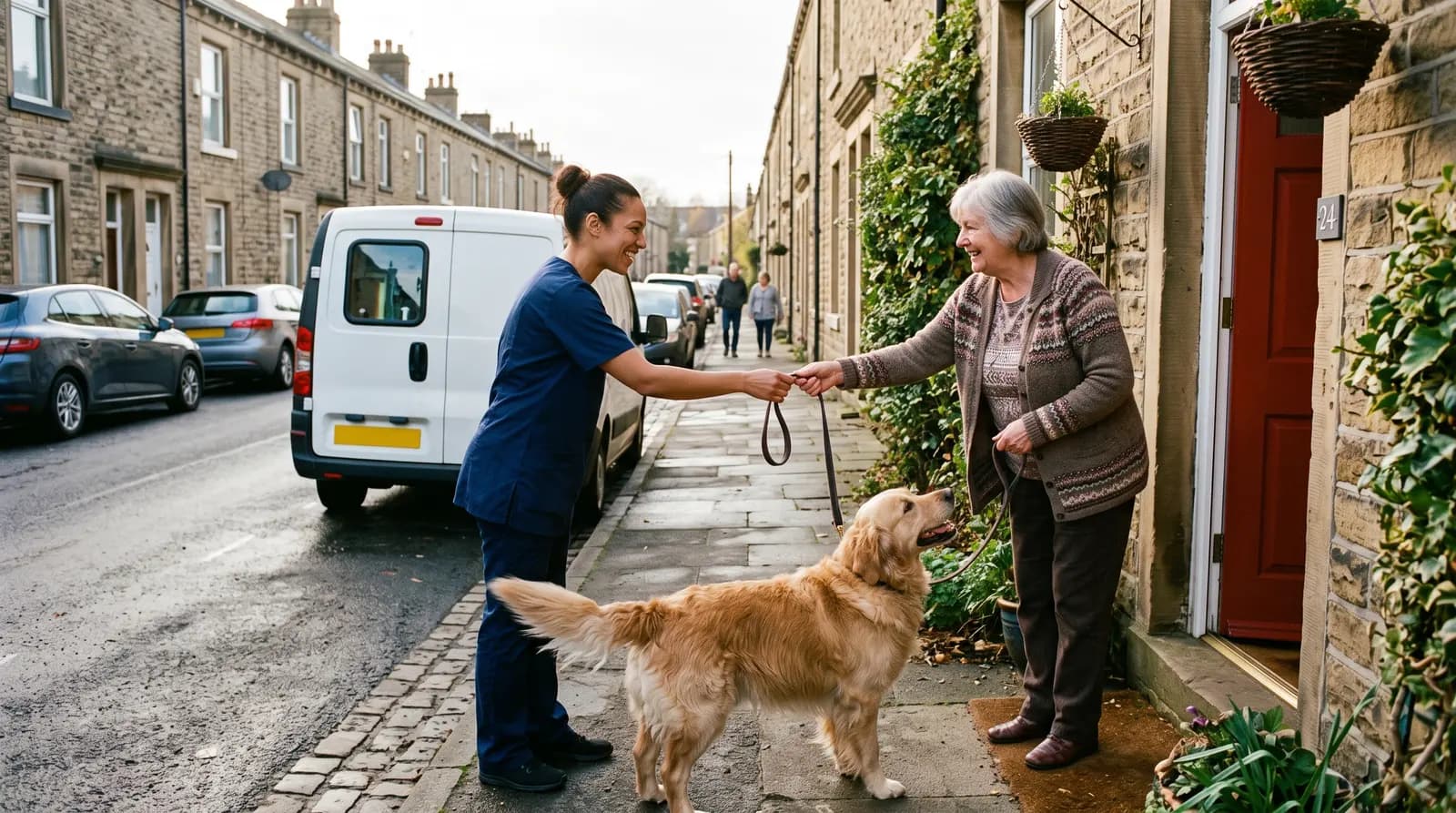An owner handing a golden retriever’s lead to a mobile groomer at her front door