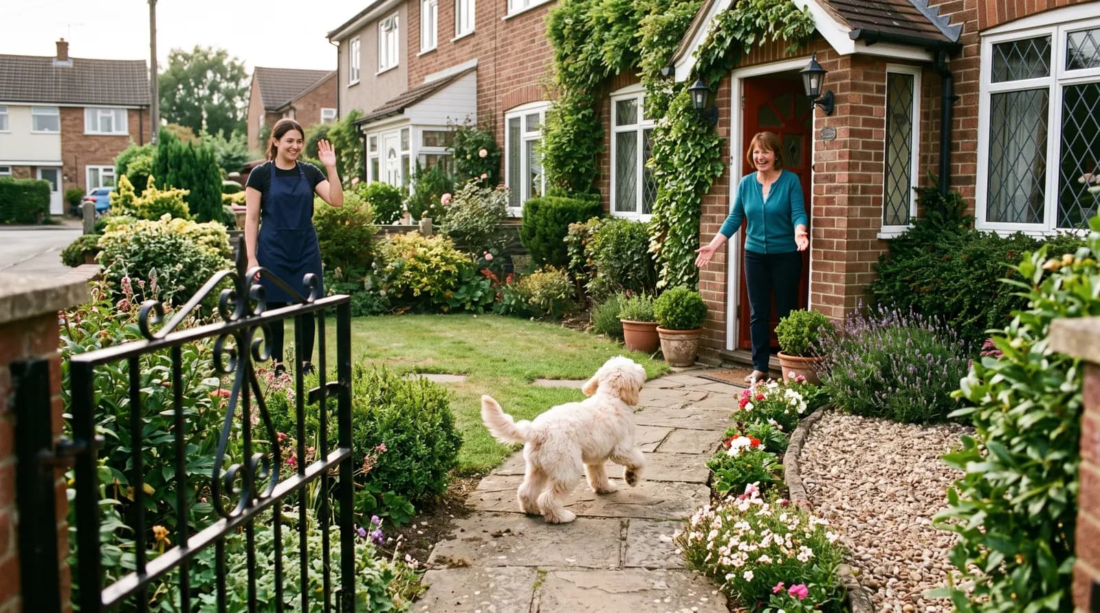 A freshly groomed dog trotting up a garden path to its owner