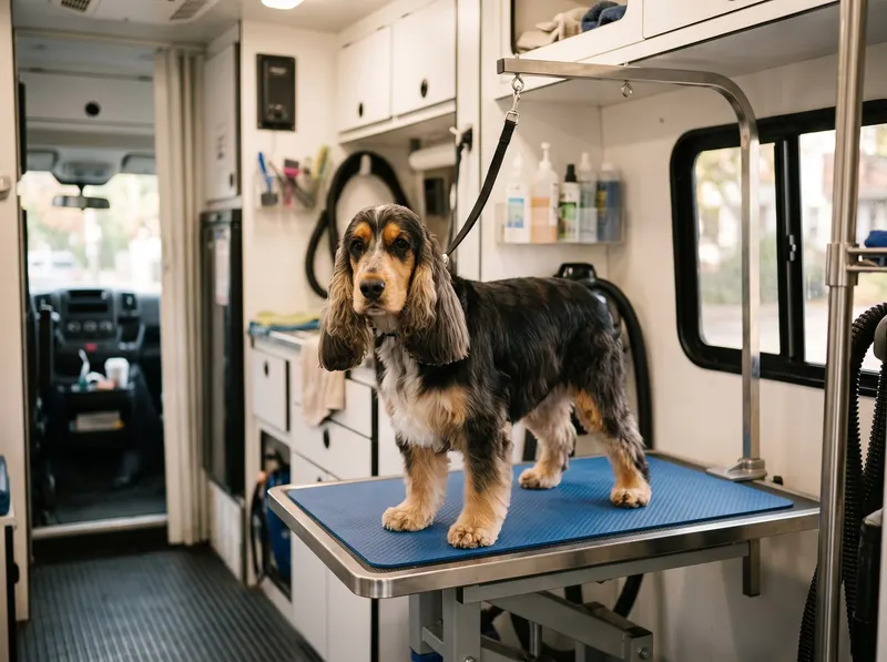 A medium-sized dog being groomed on the table