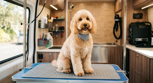 A dog having a full groom on the table