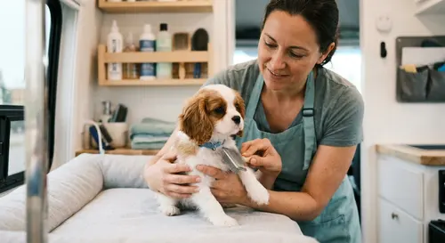 A puppy having its first groom