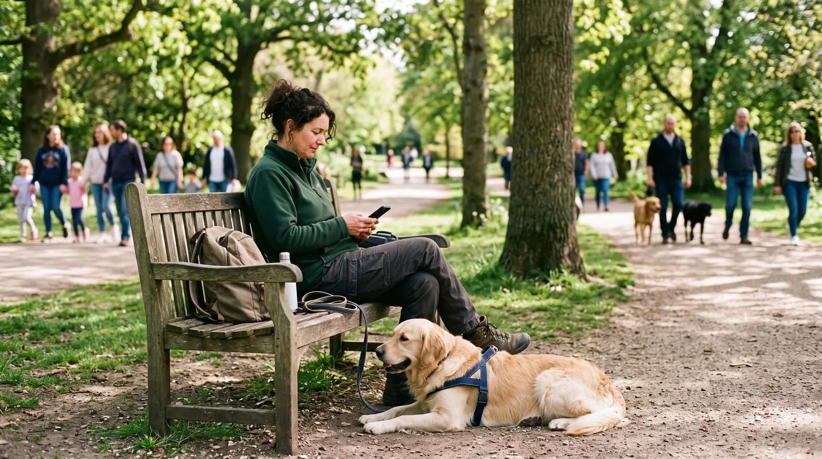 A dog trainer on a park bench between sessions, checking her phone, a dog resting at her feet