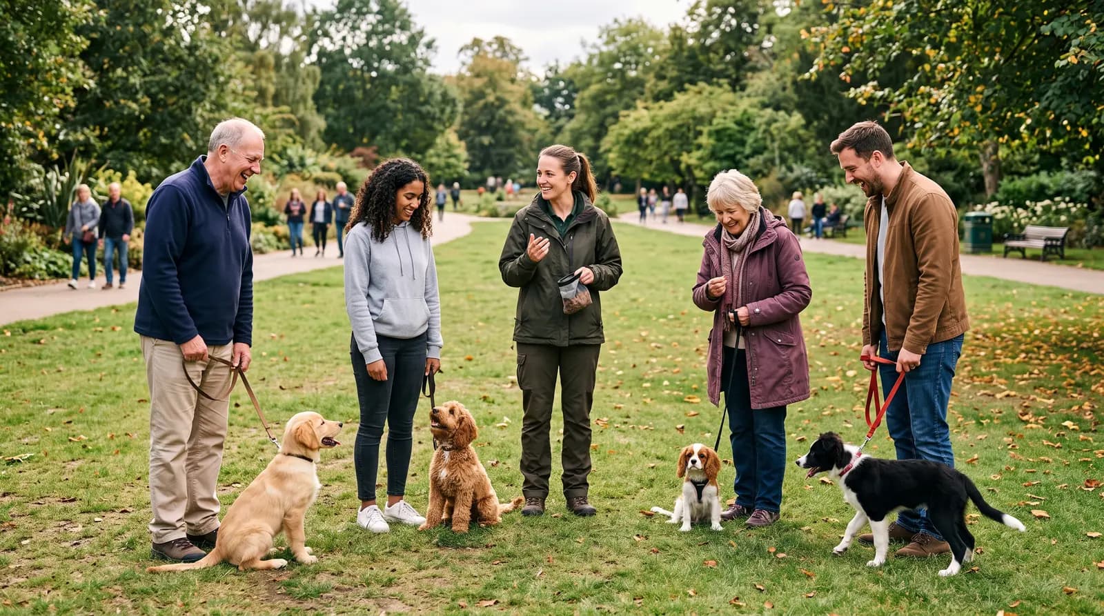 A dog trainer leading a small puppy class of owners and their dogs in a park