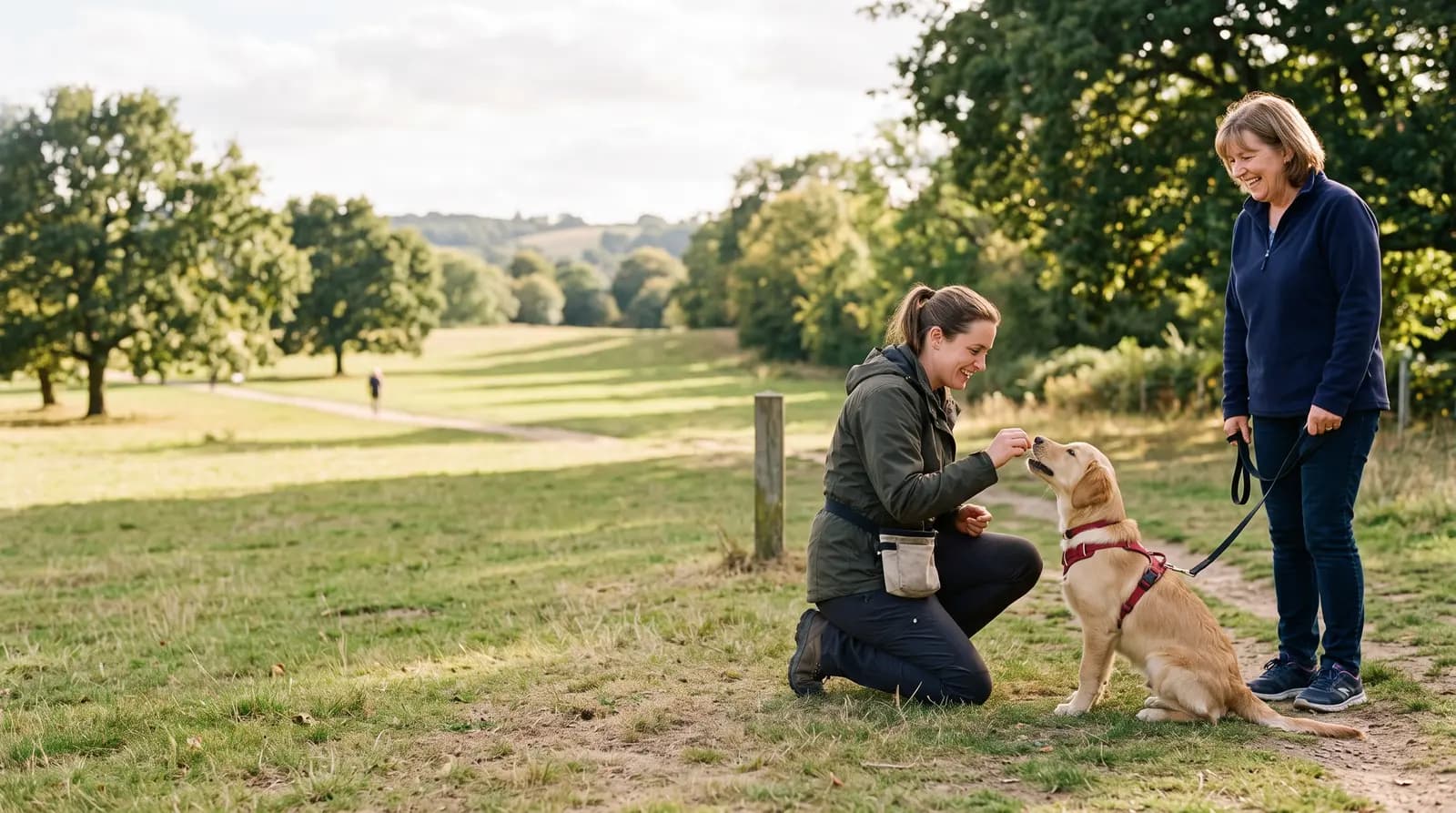 A dog trainer rewarding a young dog with a treat during a one-to-one lesson in a sunny park, the owner smiling