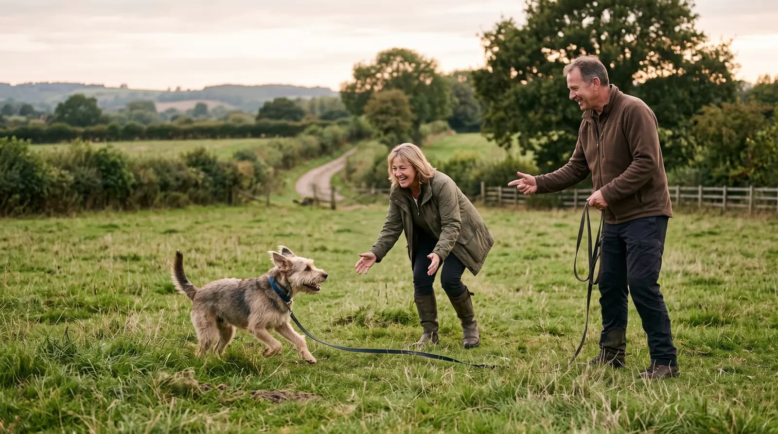 A dog trainer guiding an owner through a recall exercise with their dog in a quiet field