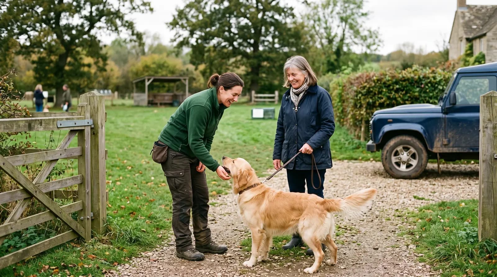 A dog trainer greeting a returning owner and their dog at the start of a lesson