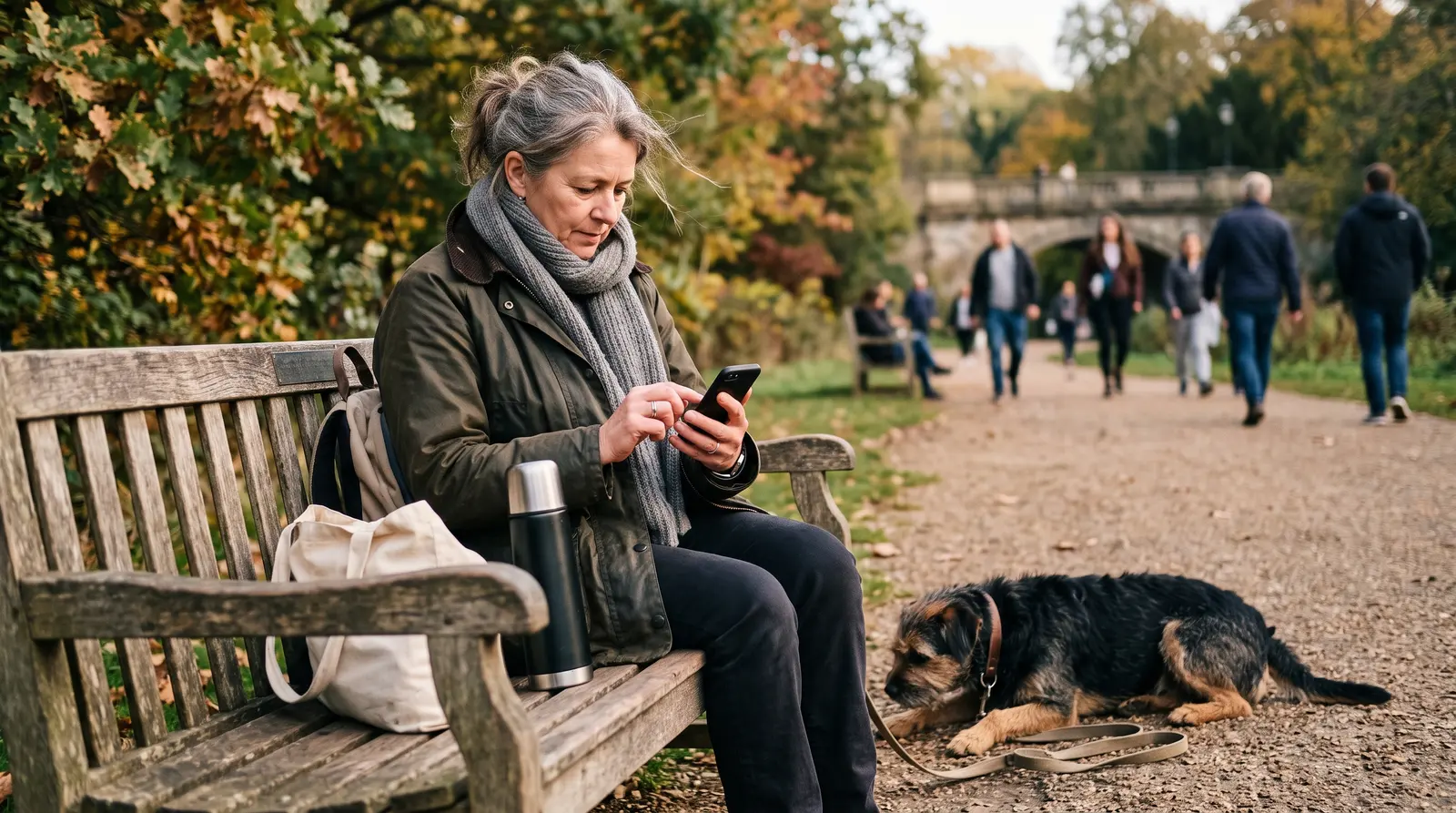 A dog walker on a park bench after a walk, checking her phone with a flask of tea, a dog resting beside her
