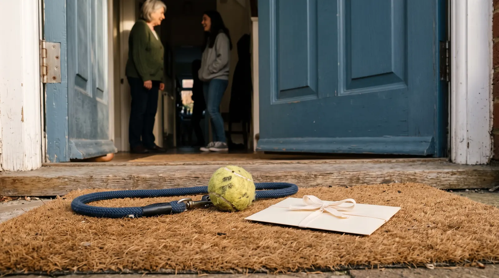 A plain lead and a tennis ball on a doormat beside a cream gift envelope tied with ribbon