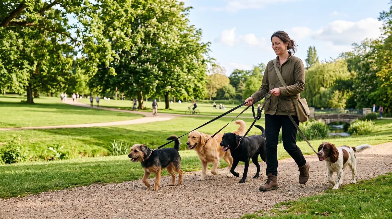 A dog walker striding through a sunny park with four happy dogs on leads, relaxed and smiling