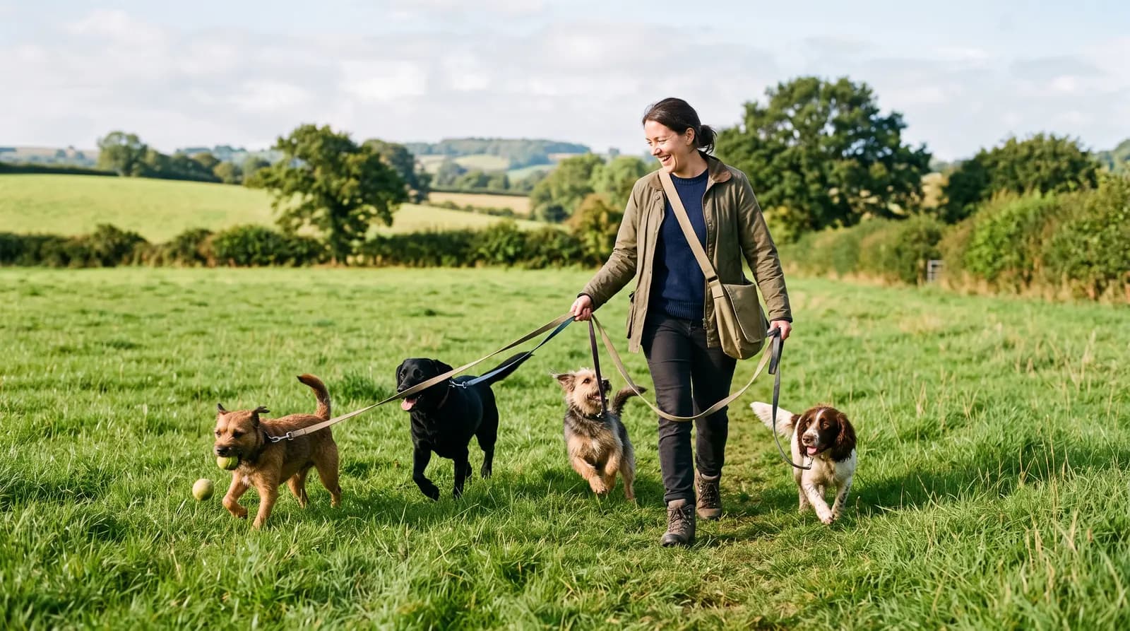 A dog walker in a green field with a small group of dogs playing around her