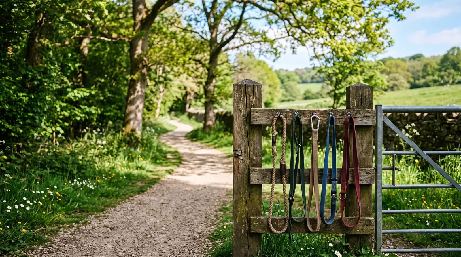 A sunny park path on a bright morning with dog leads hanging on a fence post
