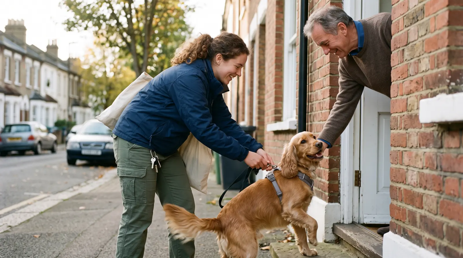A dog walker clipping a lead onto a waggy dog at a client’s front door as the owner hands it over