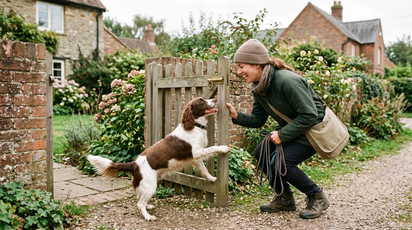 A dog walker greeting a familiar dog at a garden gate, the dog delighted to see her