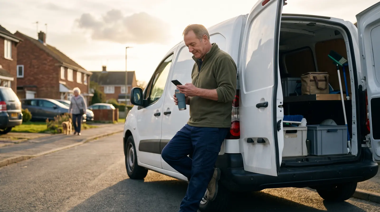 A driveway-cleaning operator in his van between jobs checking his phone with a coffee, screen not visible