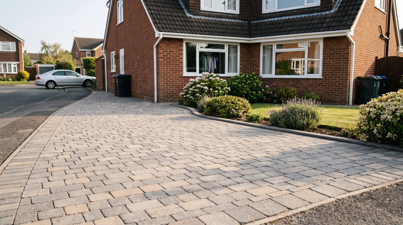 A freshly cleaned and re-sanded block-paved driveway, crisp and even in the light, nobody in the picture