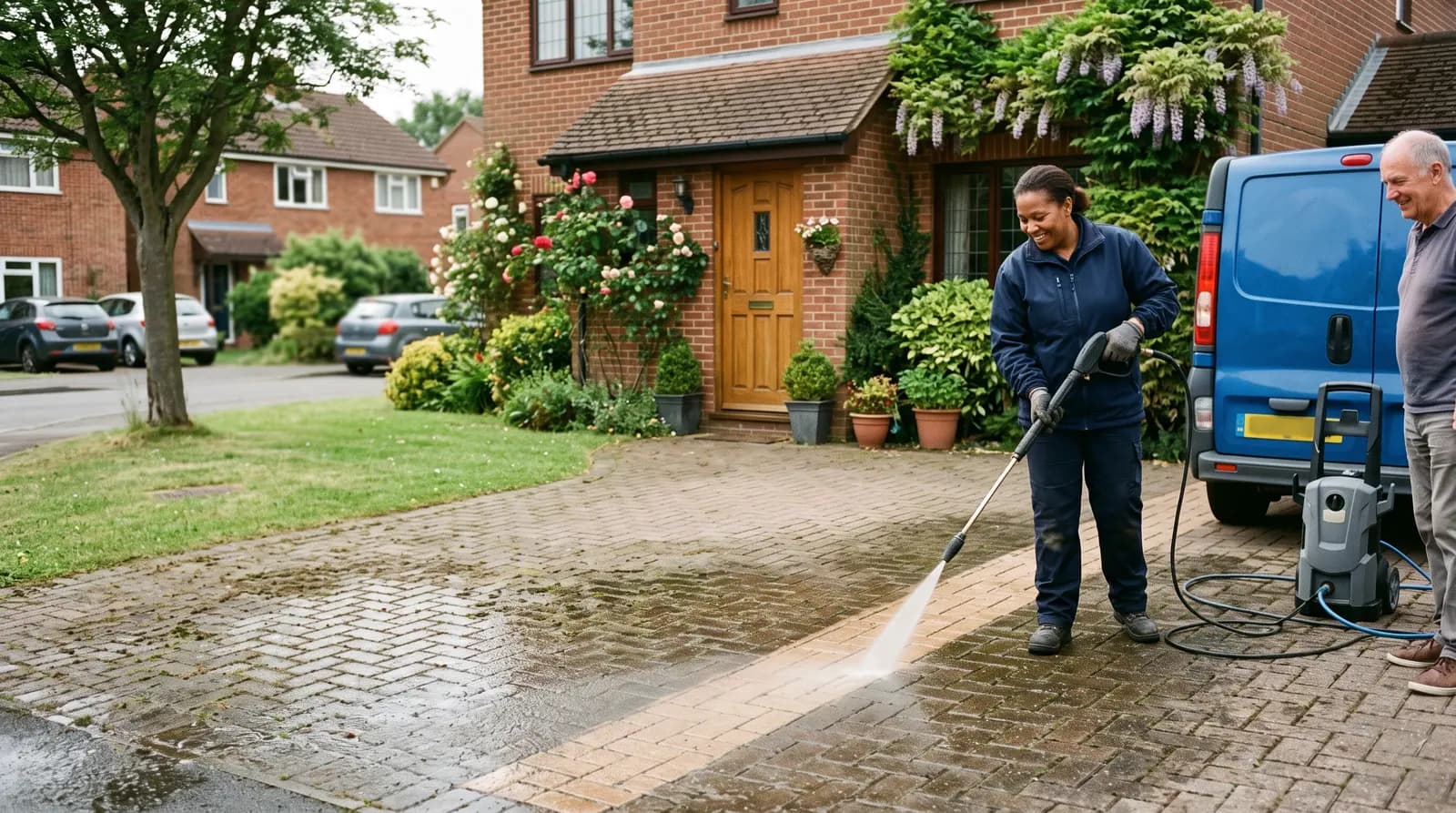 A worker pressure washing a block-paved driveway, a clean stripe opening up across the blocks