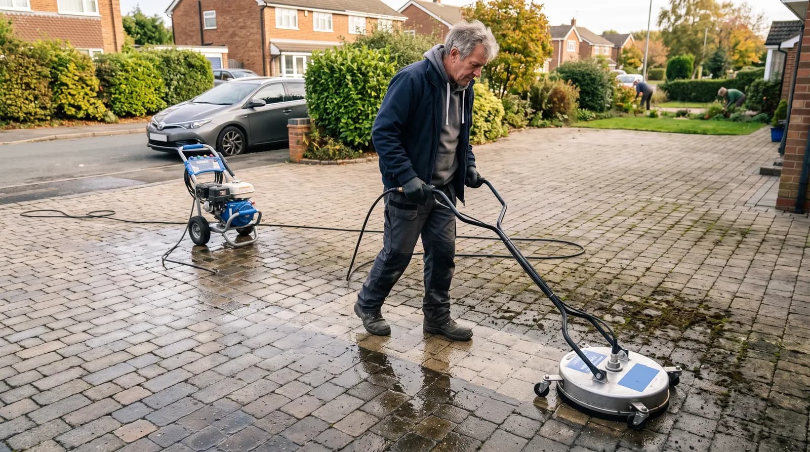 A worker brushing fresh kiln-dried sand into the joints of a cleaned block-paved driveway