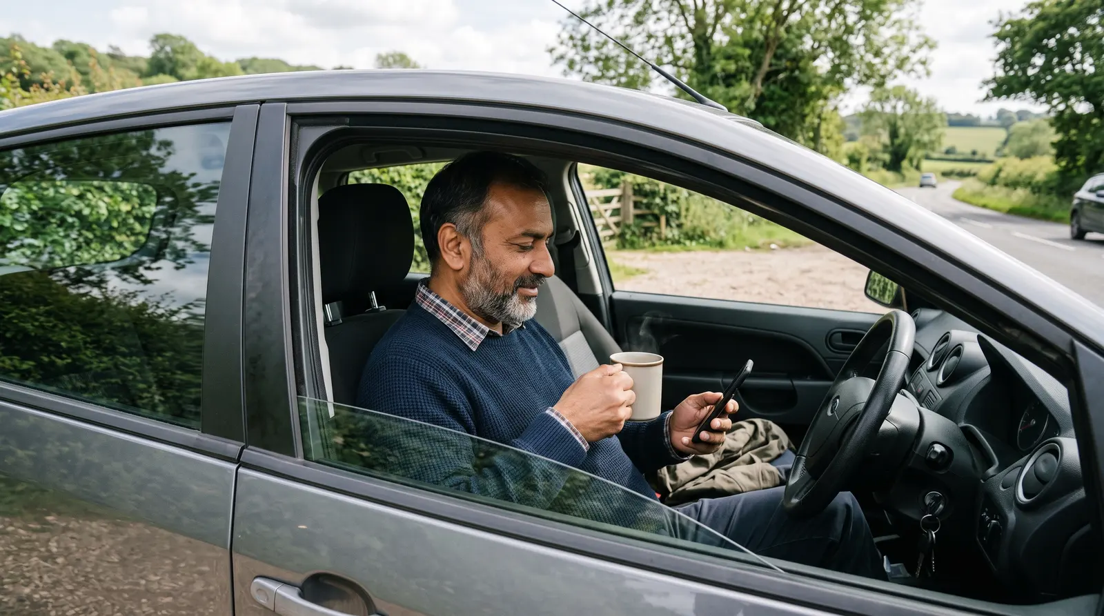 A driving instructor parked in a quiet lay-by between lessons, reading his phone with a coffee