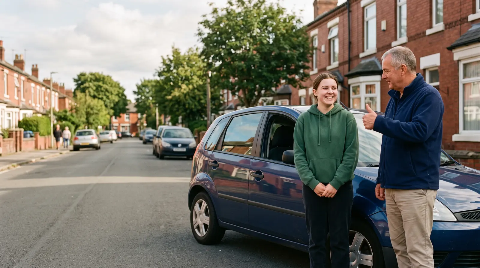 A driving instructor giving a beaming teenage learner a thumbs up beside the car after a lesson