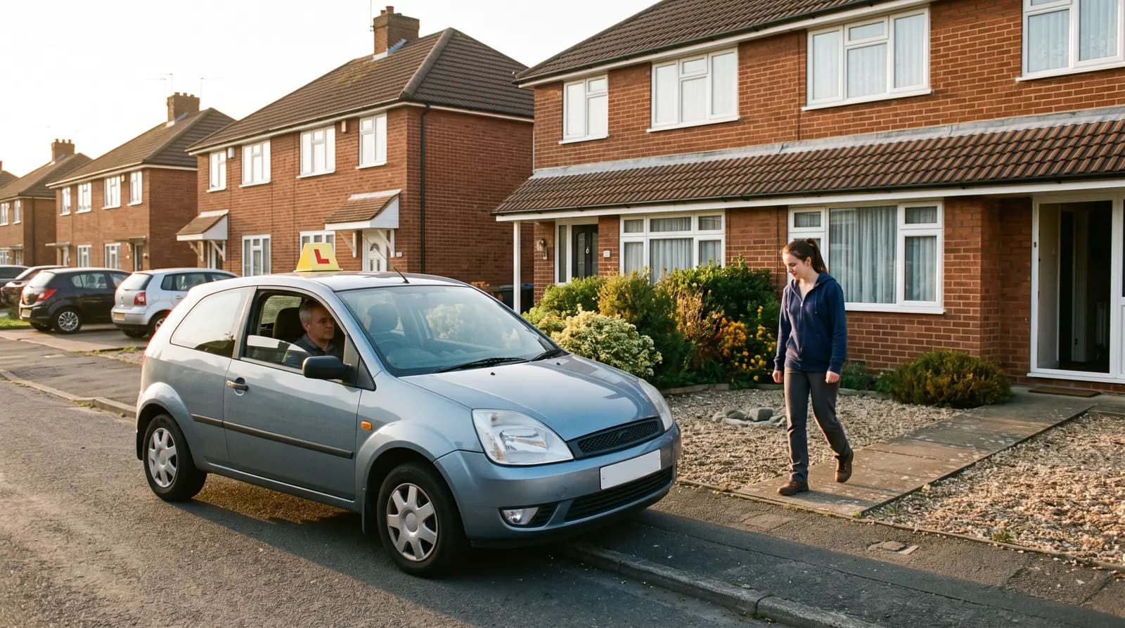 An instructor waiting by the car to pick a learner up