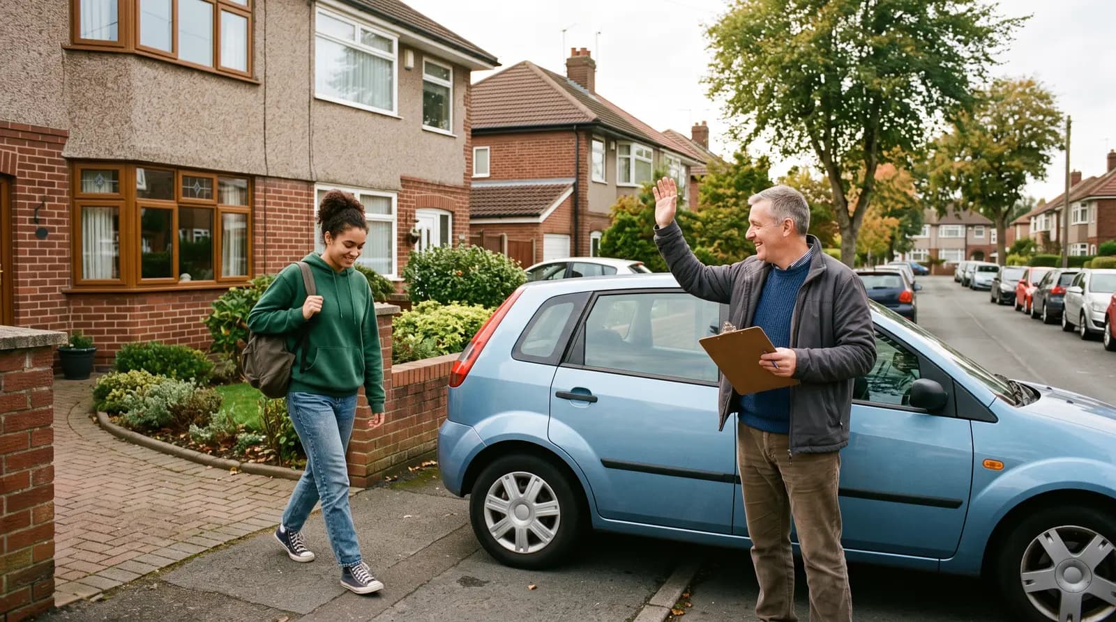 A driving instructor with a learner at the wheel on a quiet road