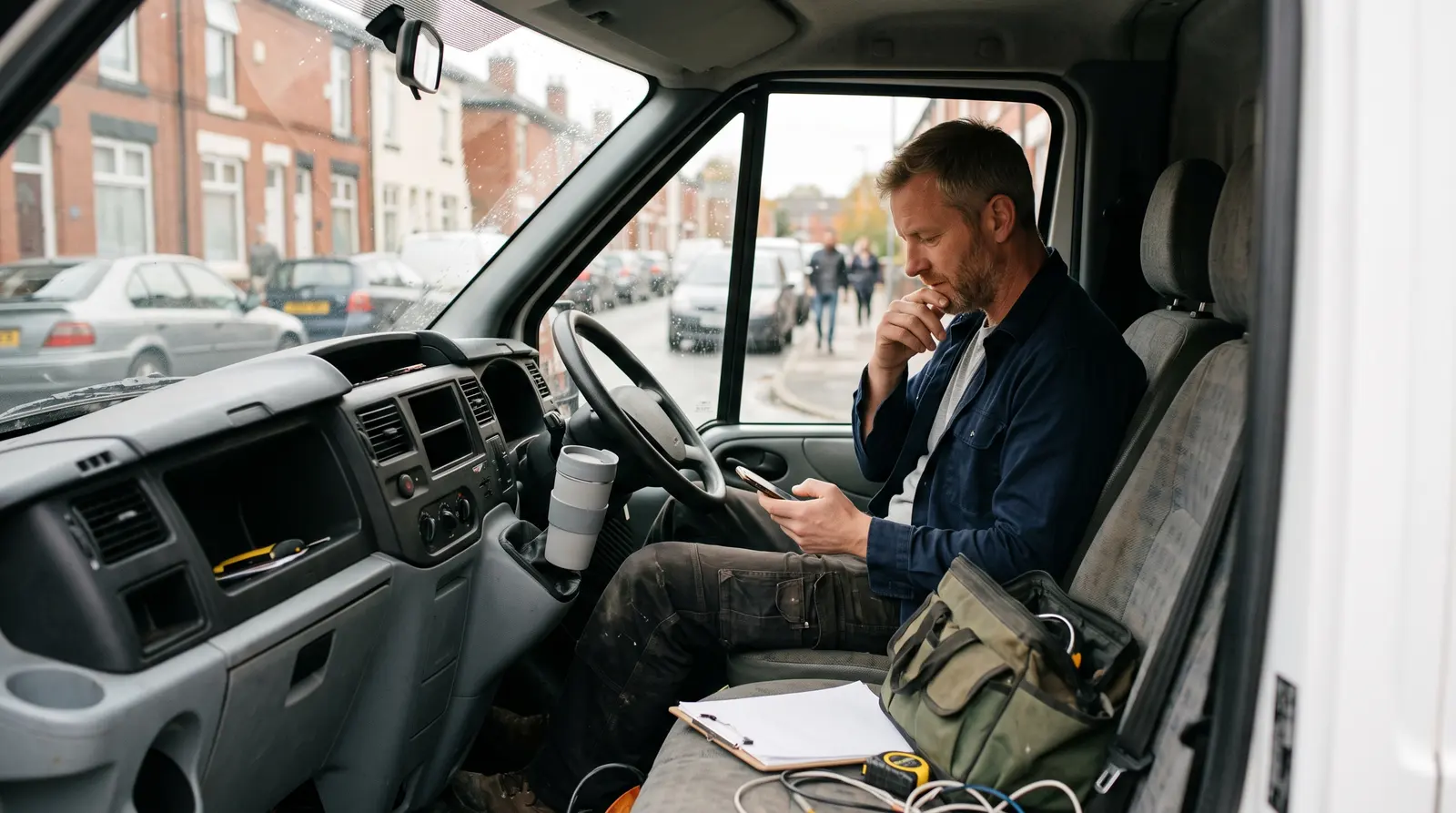 An electrician checking his phone in the van between jobs