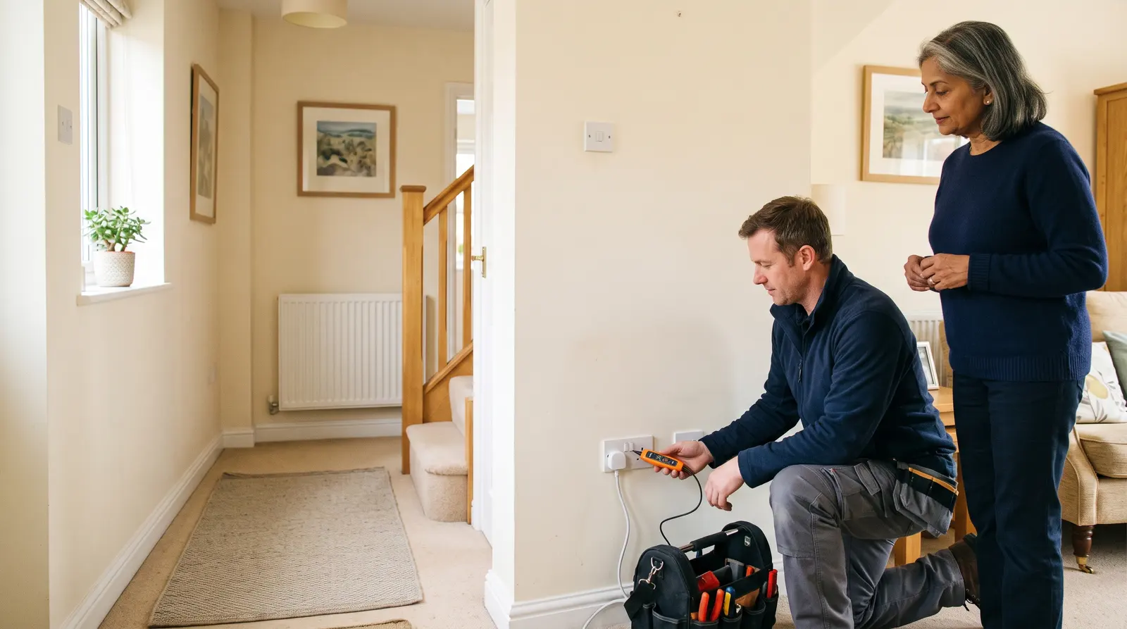An electrician working at a consumer unit in a UK home