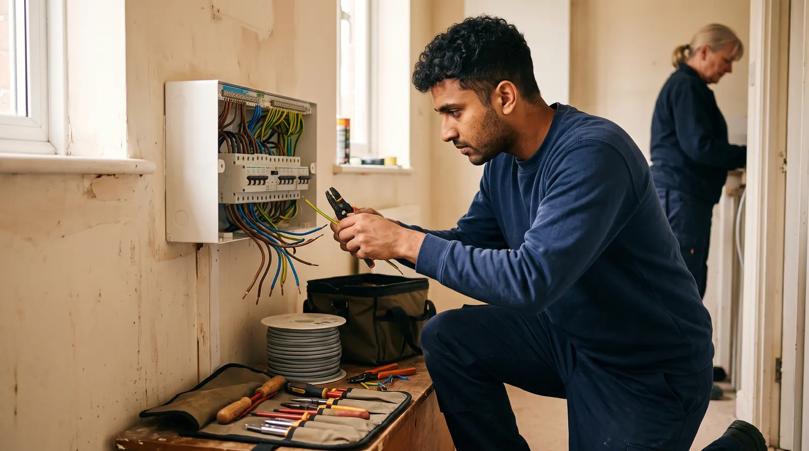An electrician wiring a socket on a wall, focused on the work