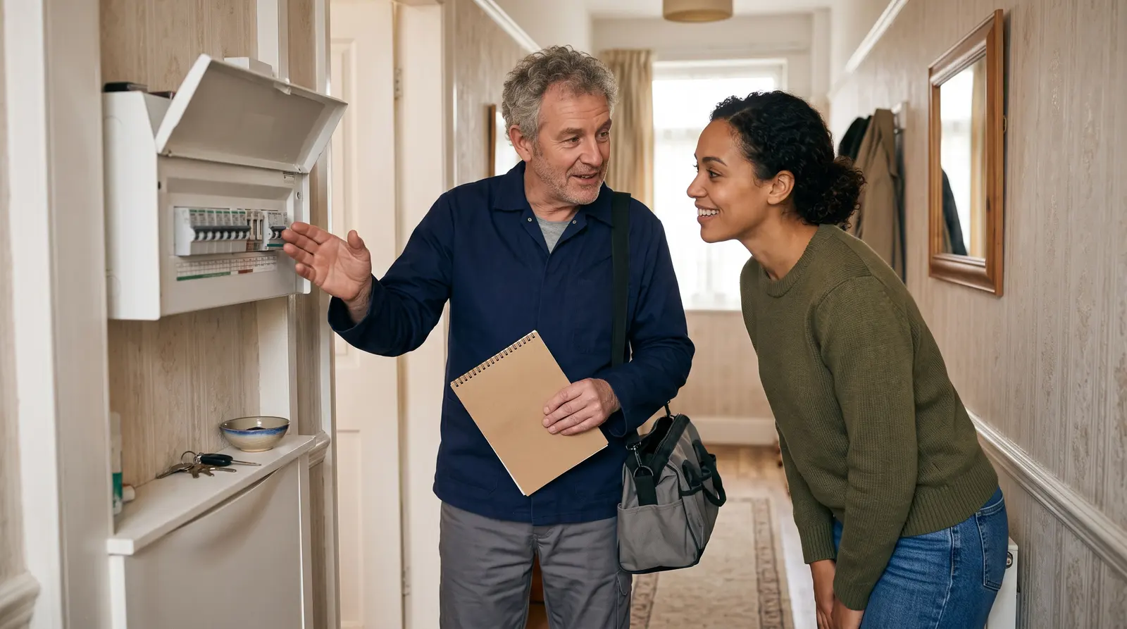 An electrician discussing a job with a homeowner, looking over the work
