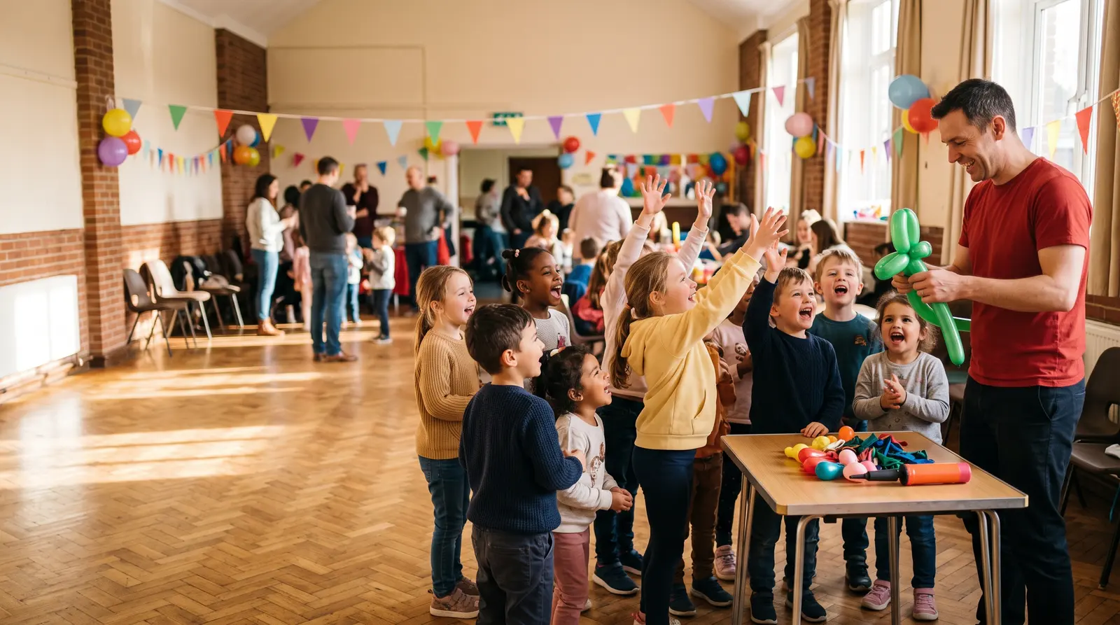A children’s entertainer performing for a circle of delighted children at a party