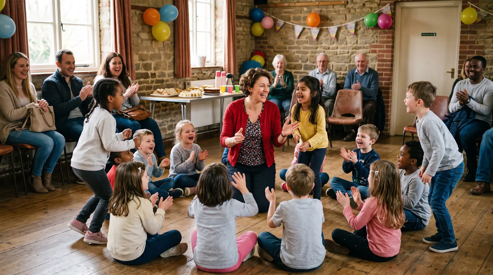 A party in full swing with an entertainer leading the children in a game