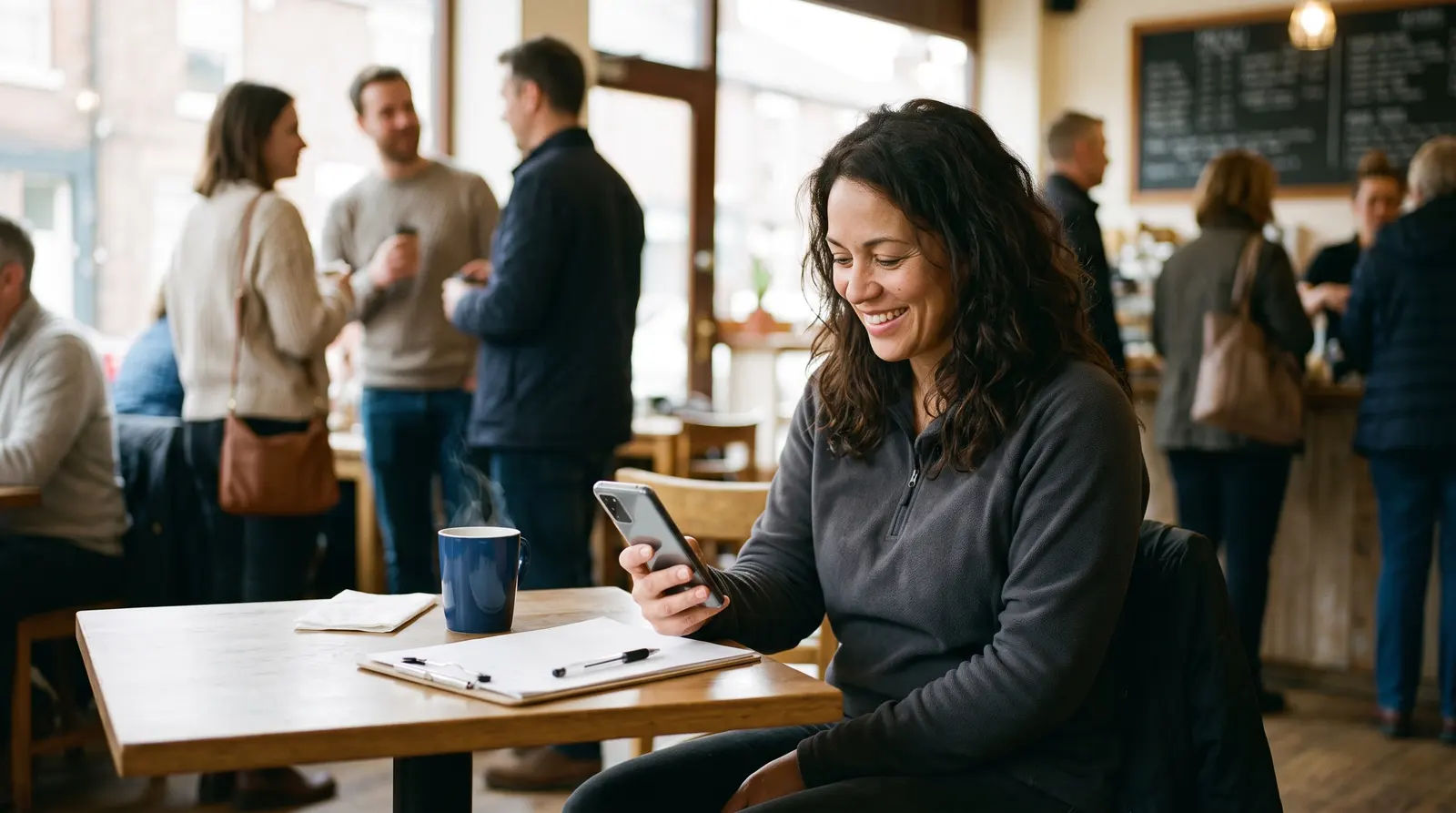 An event planner at a desk reviewing plans and sending an invoice, screen angled away