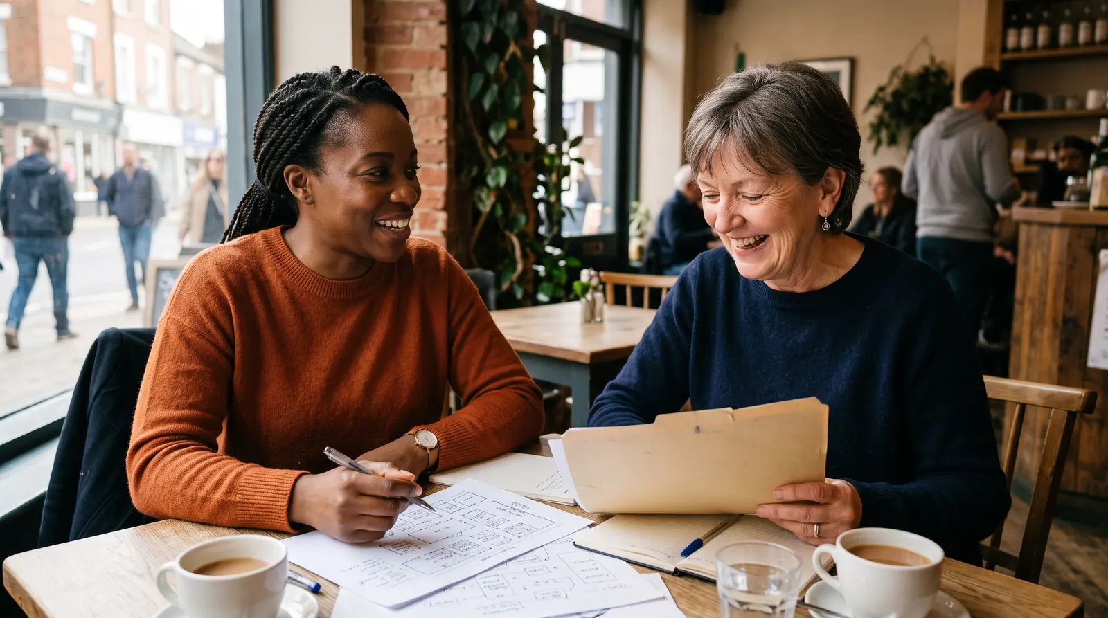An event planner talking with a client at a table during a planning meeting