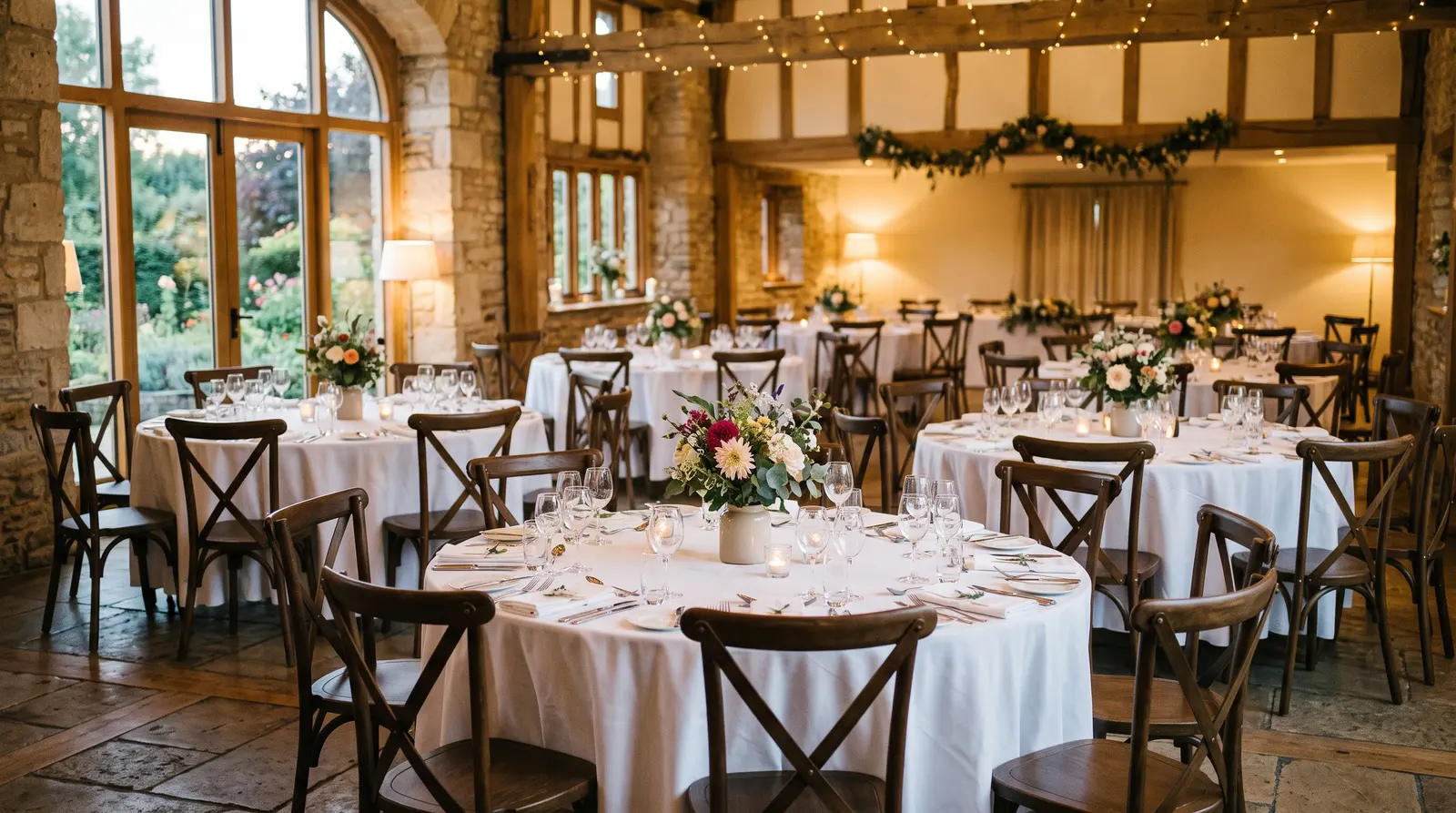 A well-set event space with round tables and soft lighting, ready for guests, nobody in the picture