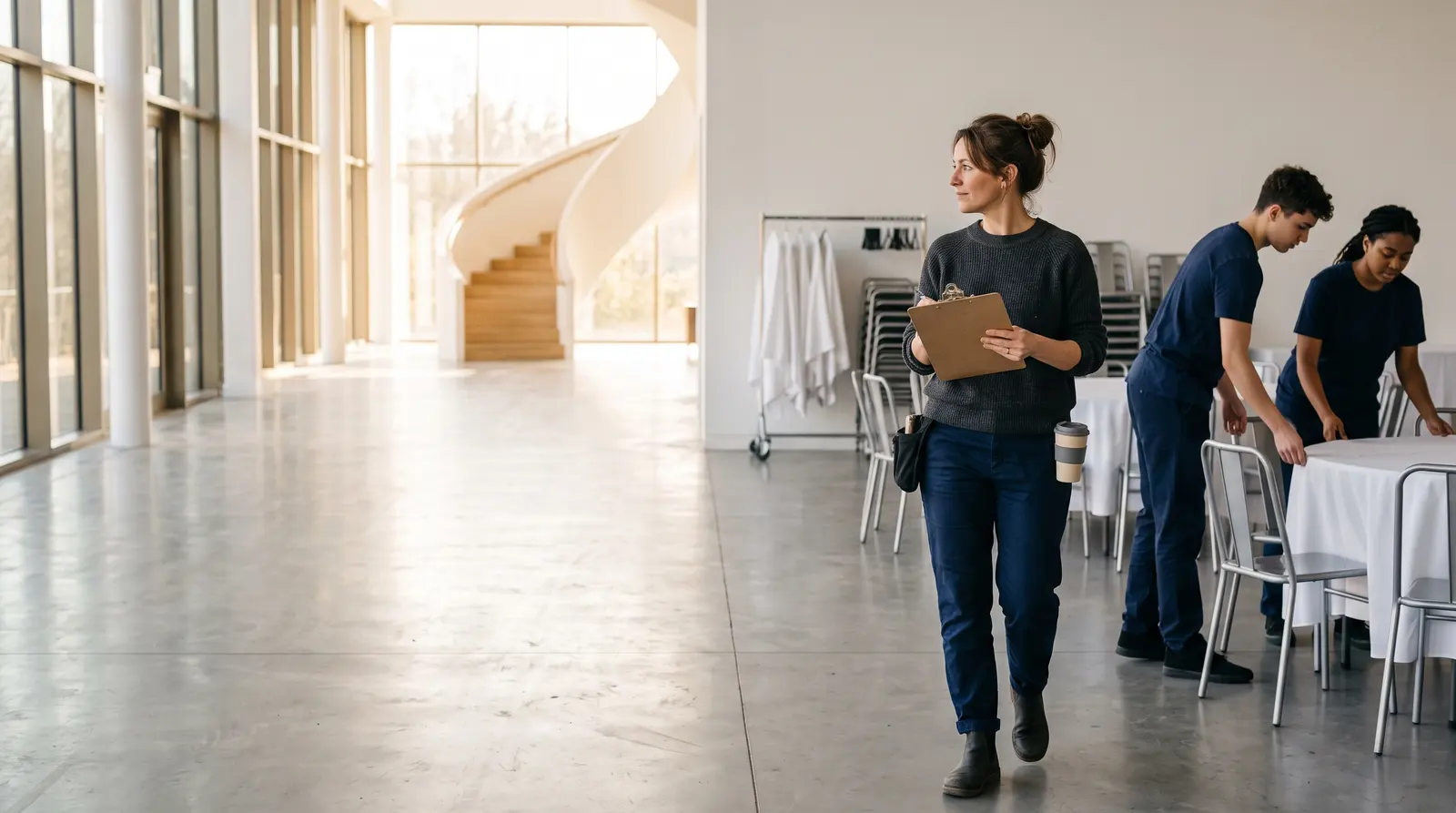 An event planner checking a setup at a venue with a clipboard, calm and in control