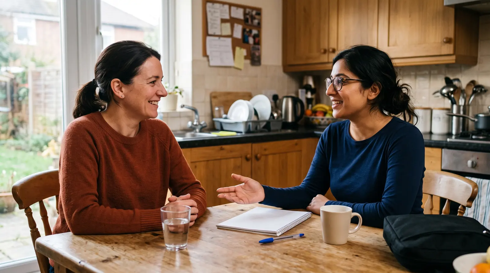 A tutor and a parent with their teenager having a first chat at a table in a bright room