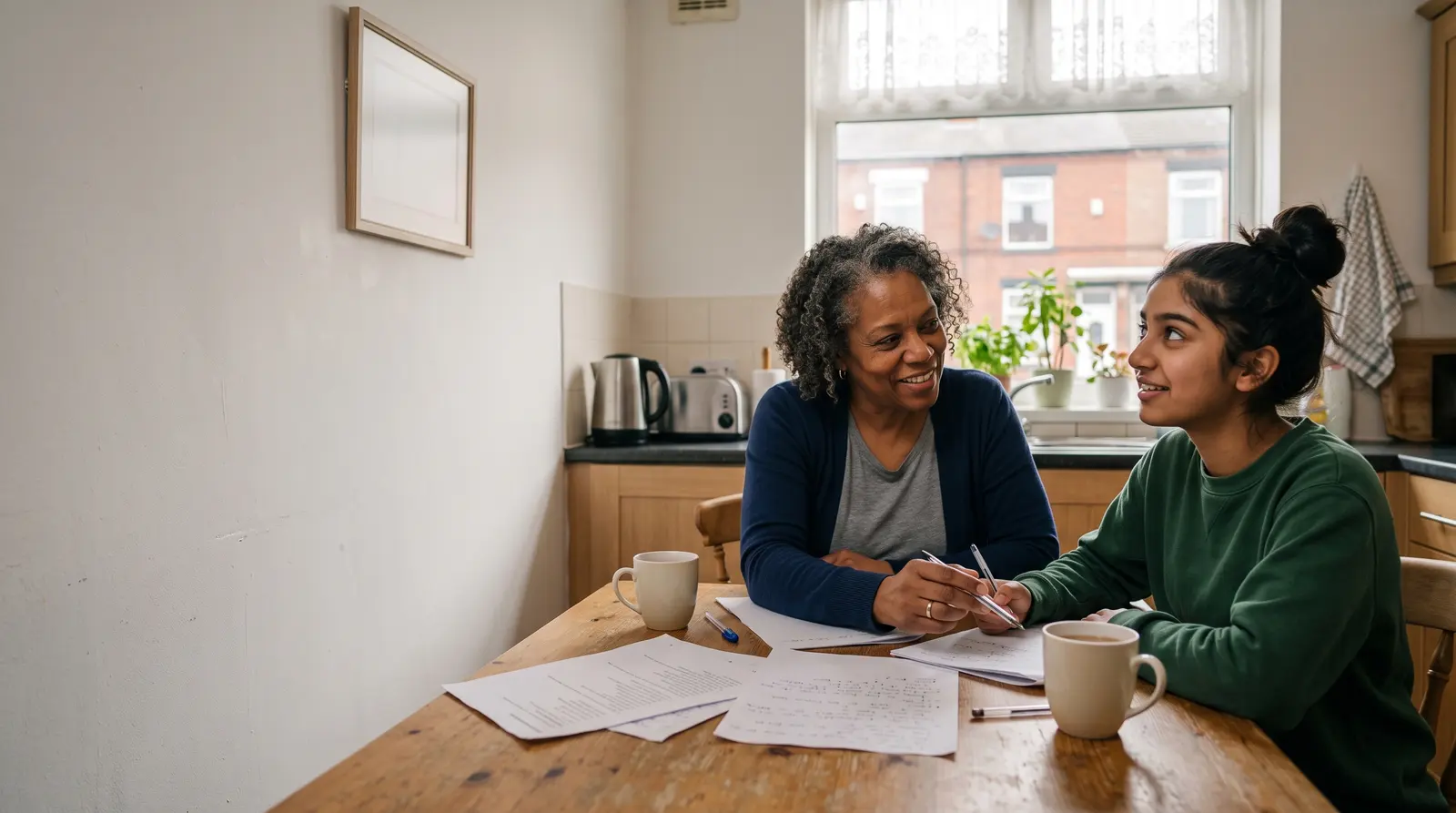 A tutor and a teenage student going through a past paper at a table in a bright room, focused together