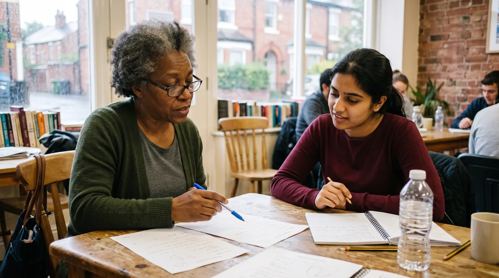 A tutor guiding a student through a revision question at a sunlit table, notes spread out
