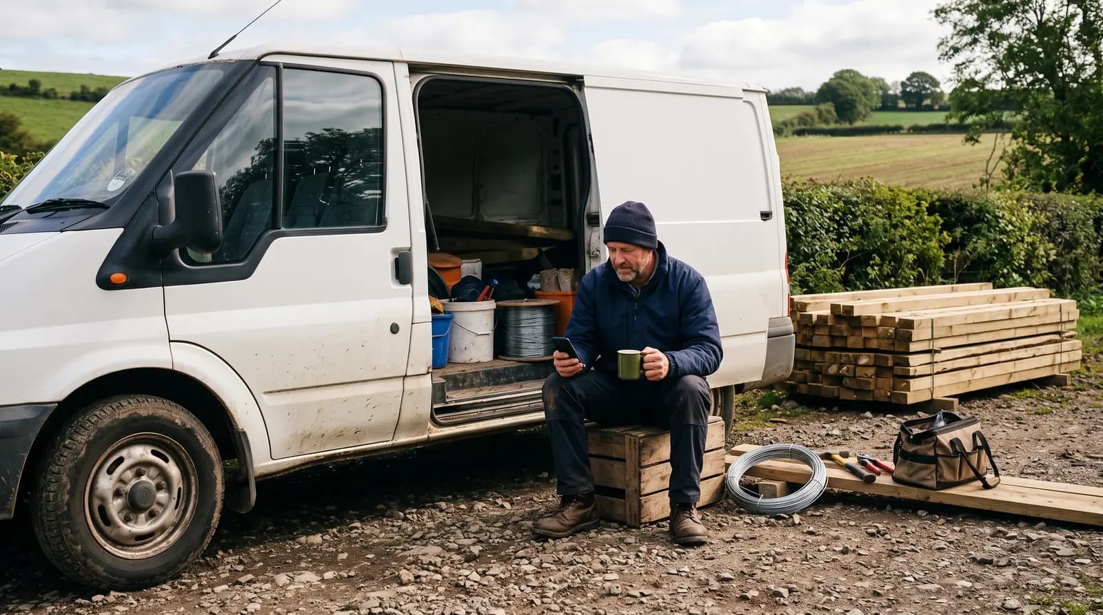 A fencer in his van between jobs checking his phone with a coffee, screen not visible