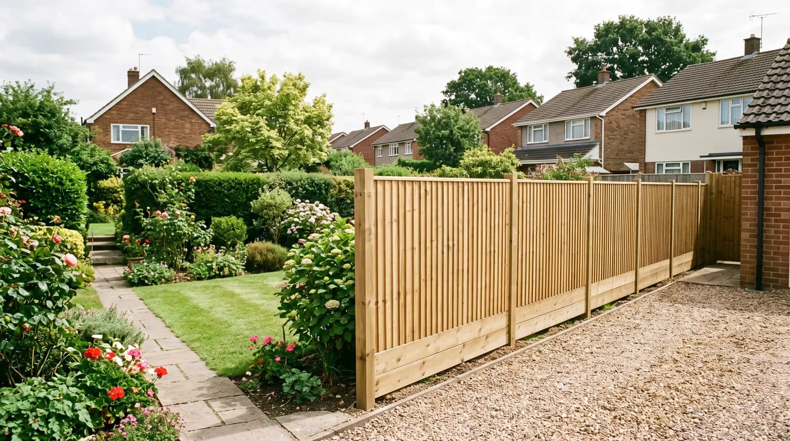 A run of new timber fence panels, straight and even along a garden boundary, nobody in the picture