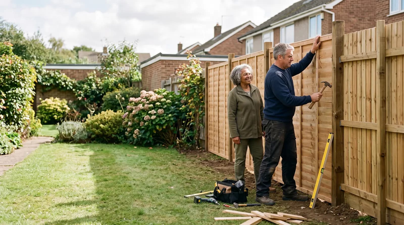 A fencer fitting a new timber fence panel between posts along a UK garden boundary on a clear day