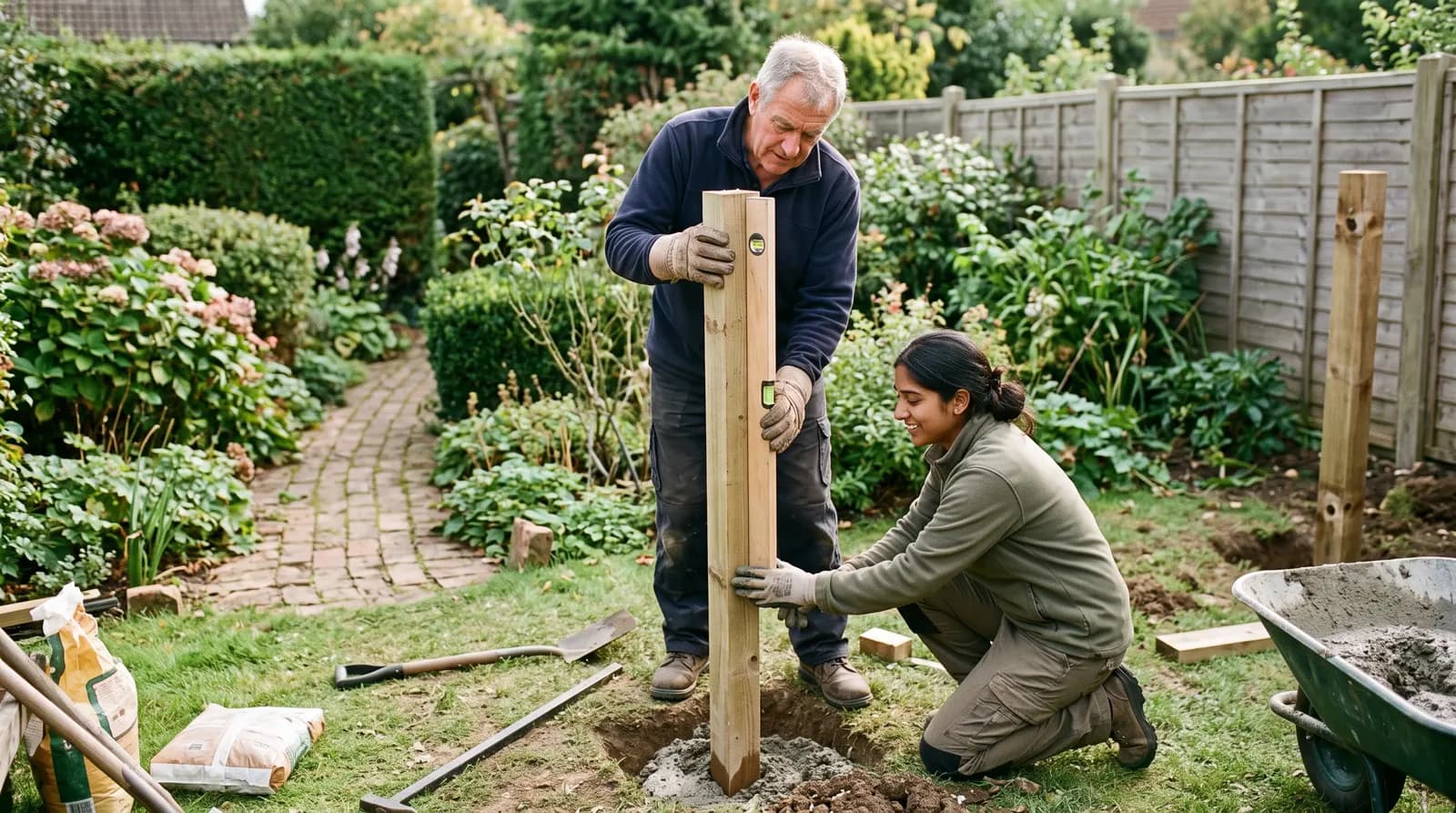 A fencer setting a fence post into the ground, checking it plumb with a level