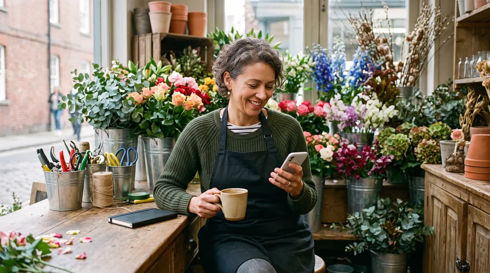 A florist at a workbench checking her phone between orders, flowers around her