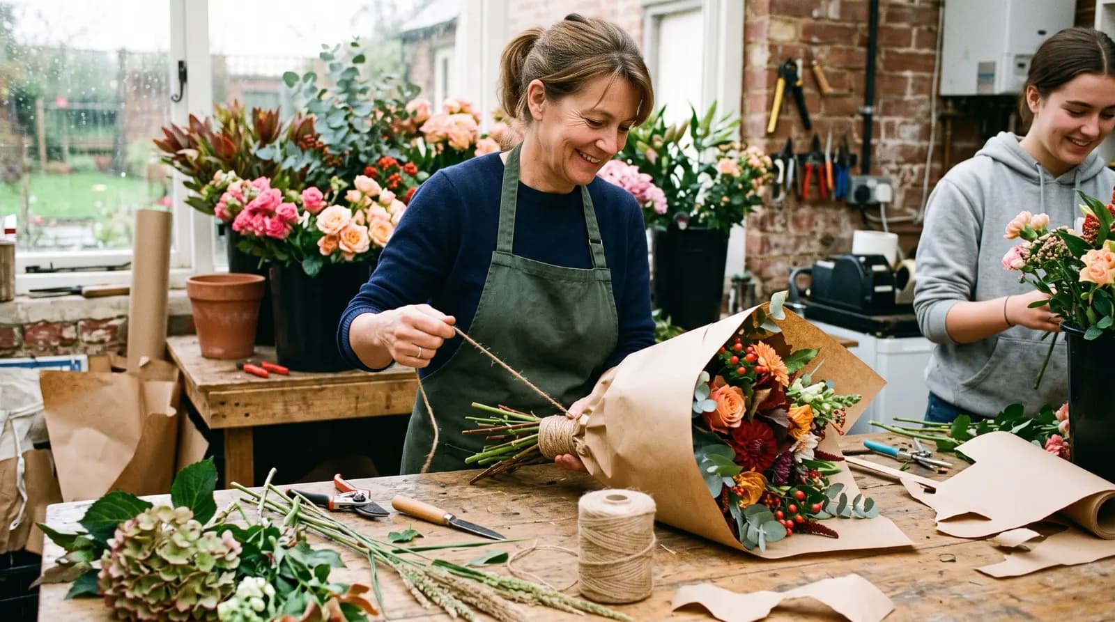 A finished hand-tied bouquet of seasonal flowers on a wooden workbench