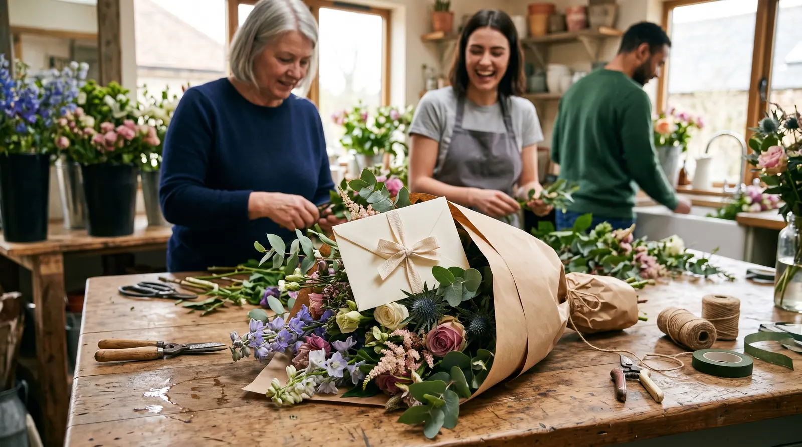 A cream gift envelope tied with a ribbon beside a small posy on a workbench