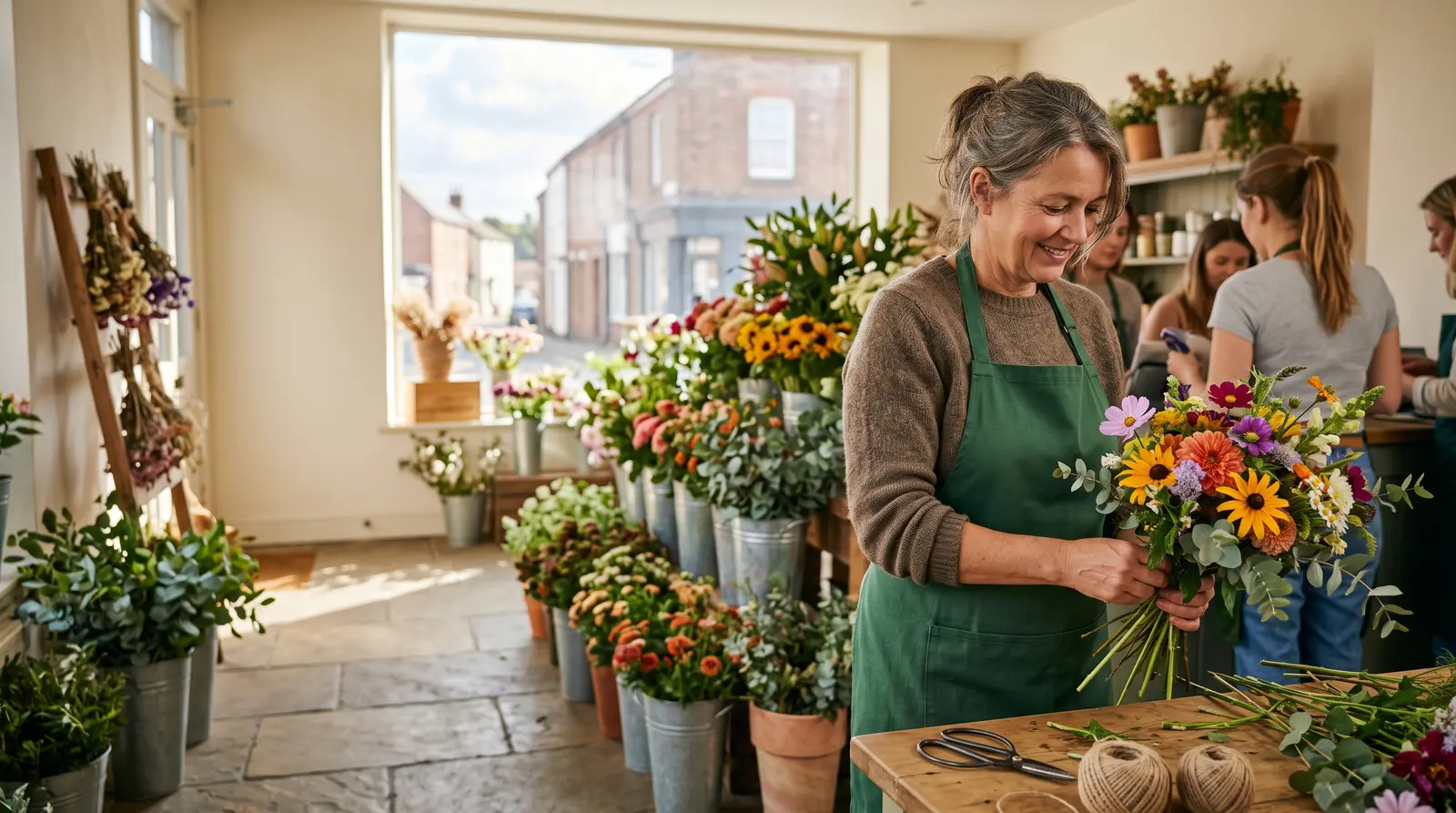 A florist arranging a large bouquet at a bright workbench in her studio