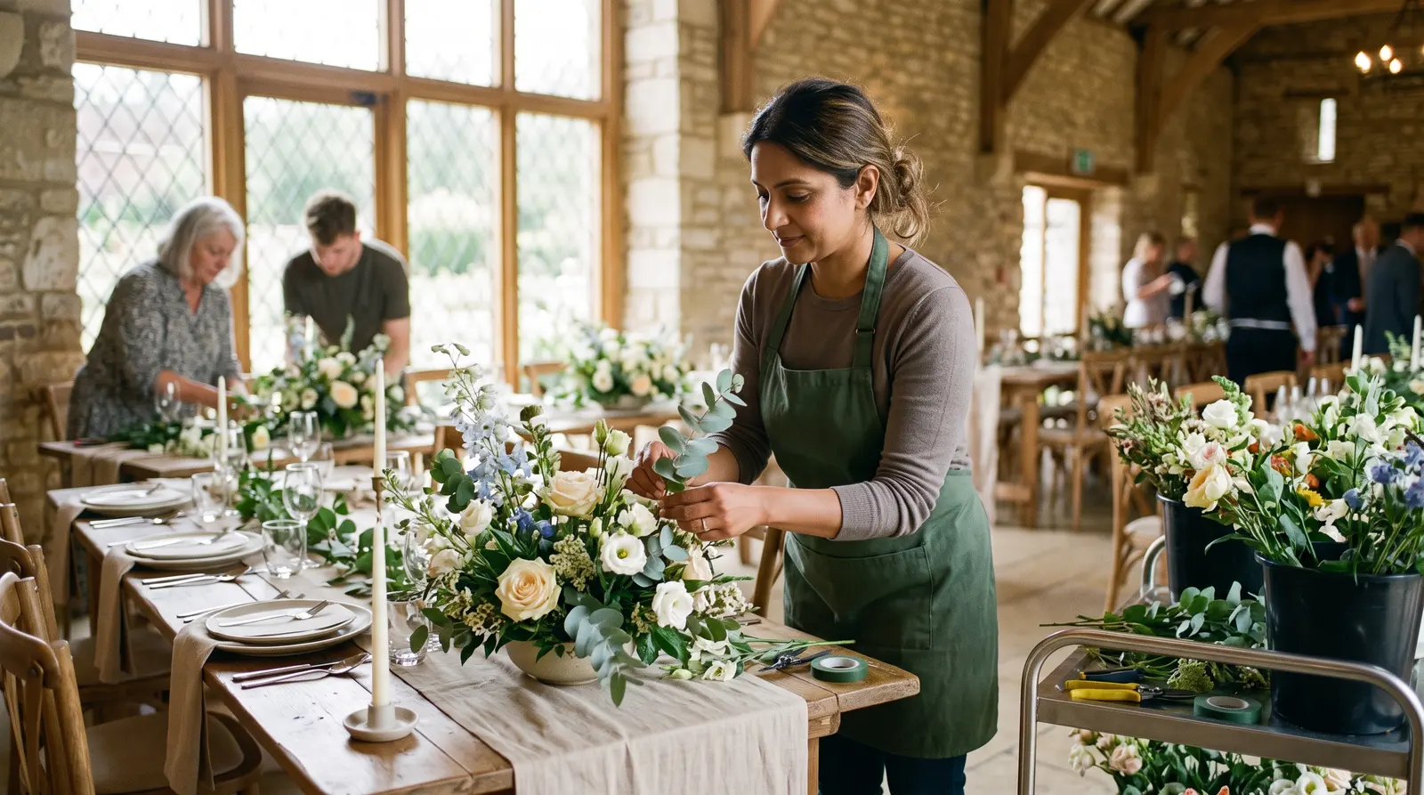 A florist arranging flowers for a wedding, buckets of blooms around her